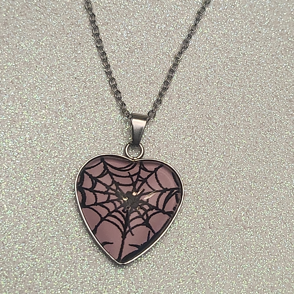Heart Pendant Necklace with Spider Web Design